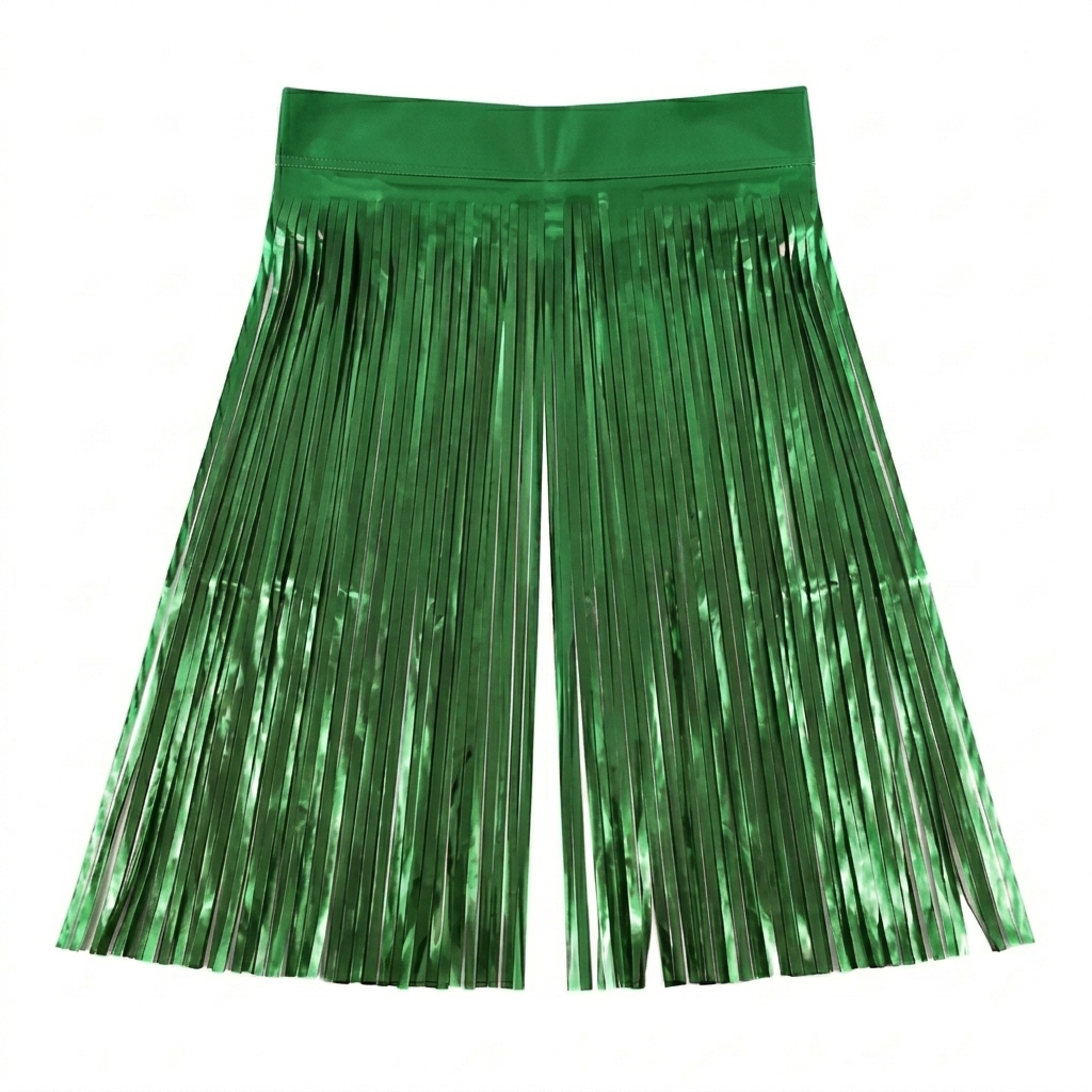 Green metallic foil fringe backdrop on a white background