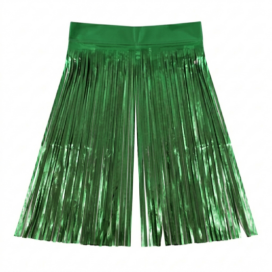 Green metallic foil fringe backdrop on a white background