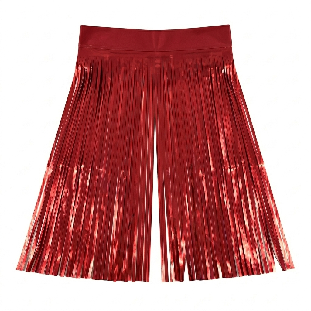 Red metallic foil fringe backdrop on a white background