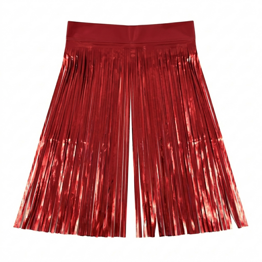 Red metallic foil fringe backdrop on a white background