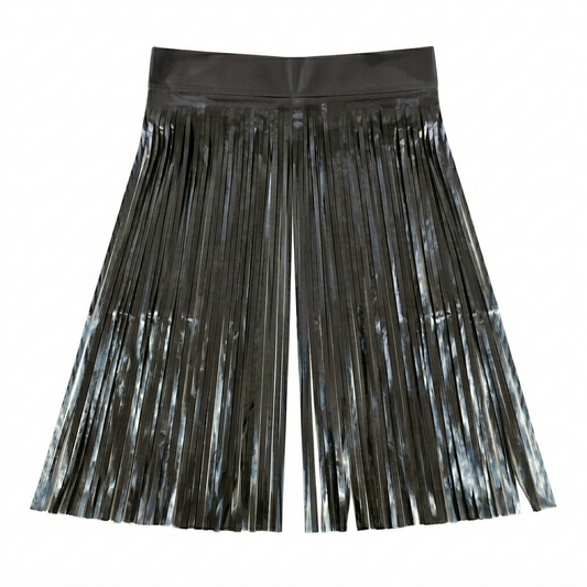 Black foil fringe backdrop on a white background