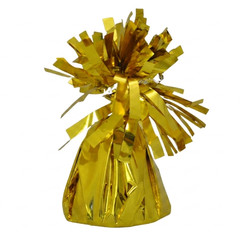 Gold metallic balloon weight on a white background