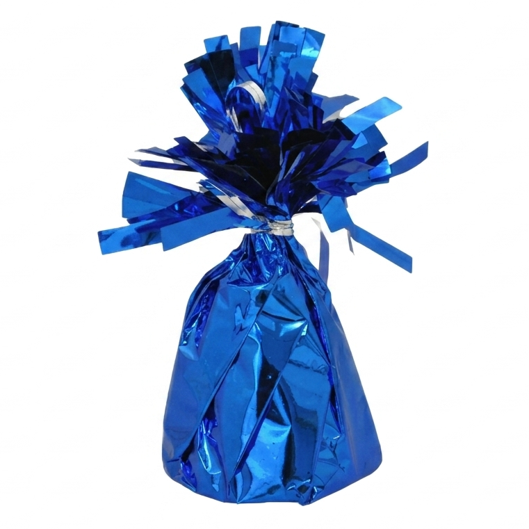 Blue metallic balloon weight with tassels on a white background