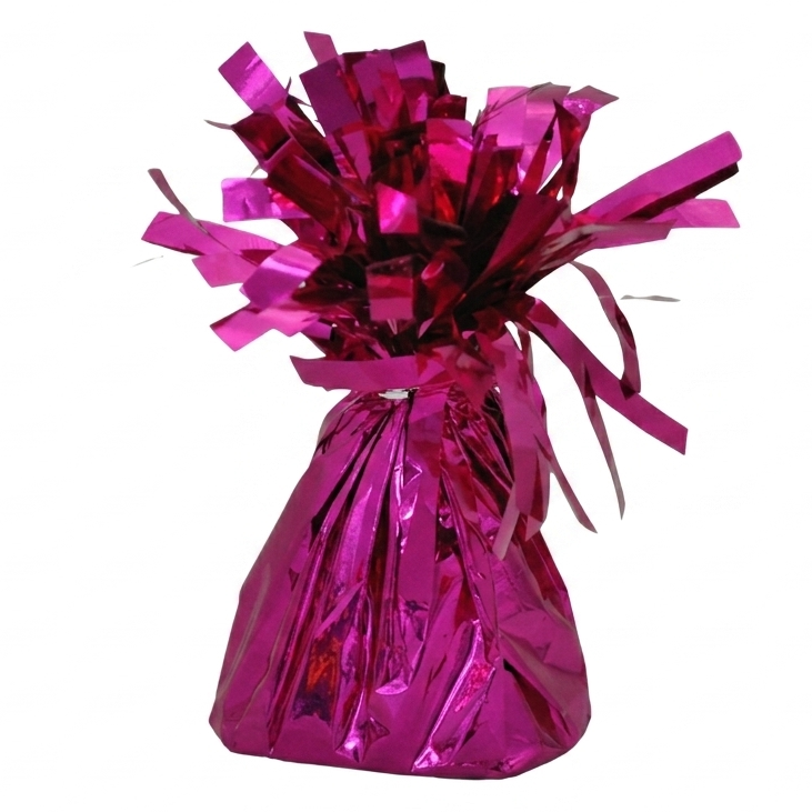 Fuchsia metallic balloon weight on a white background