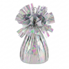 Iridescent metallic balloon weight on a white background