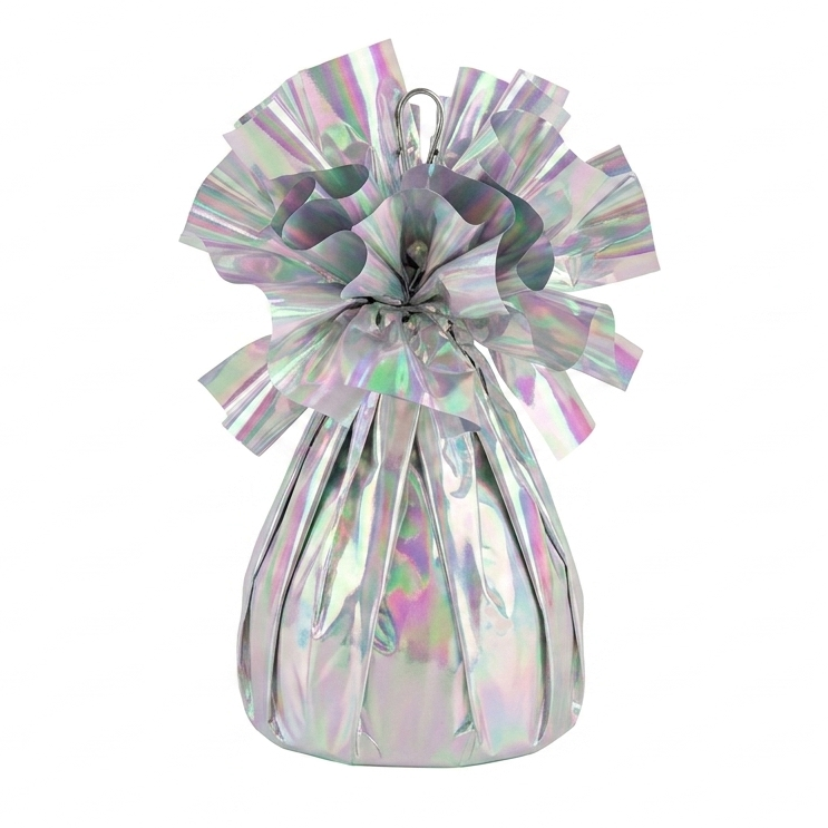 Iridescent metallic balloon weight on a white background