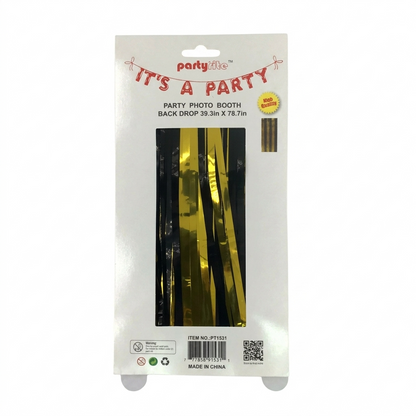 Party photo booth backdrop packaging with gold and black design on a white background