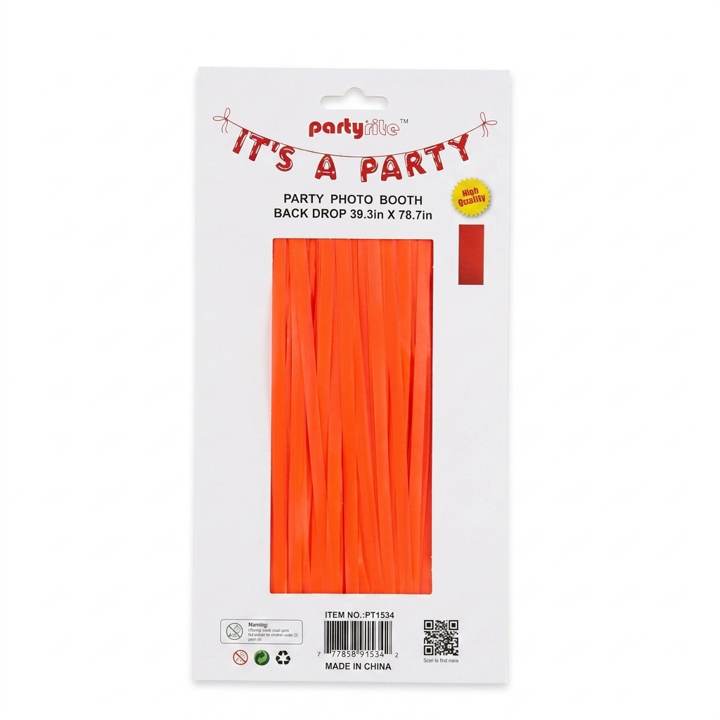 Orange party photo booth backdrop with packaging on a white background