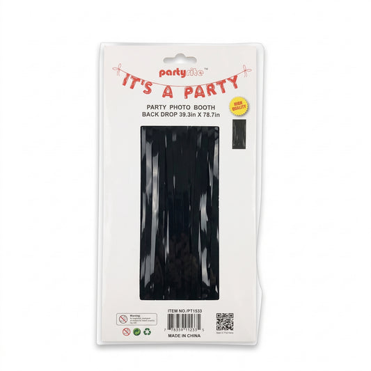 PartyRite photo booth back drop in black tinsel, packaged in a clear plastic sleeve with a white header card that reads 'It's a Party' and shows dimensions 39.3in x 78.