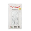 Party photo booth back drop made of white shiny tinsel strands, packaged in a clear plastic sleeve with a white header card that reads 'It's a Party' and shows dimensions 39.3in x 78.