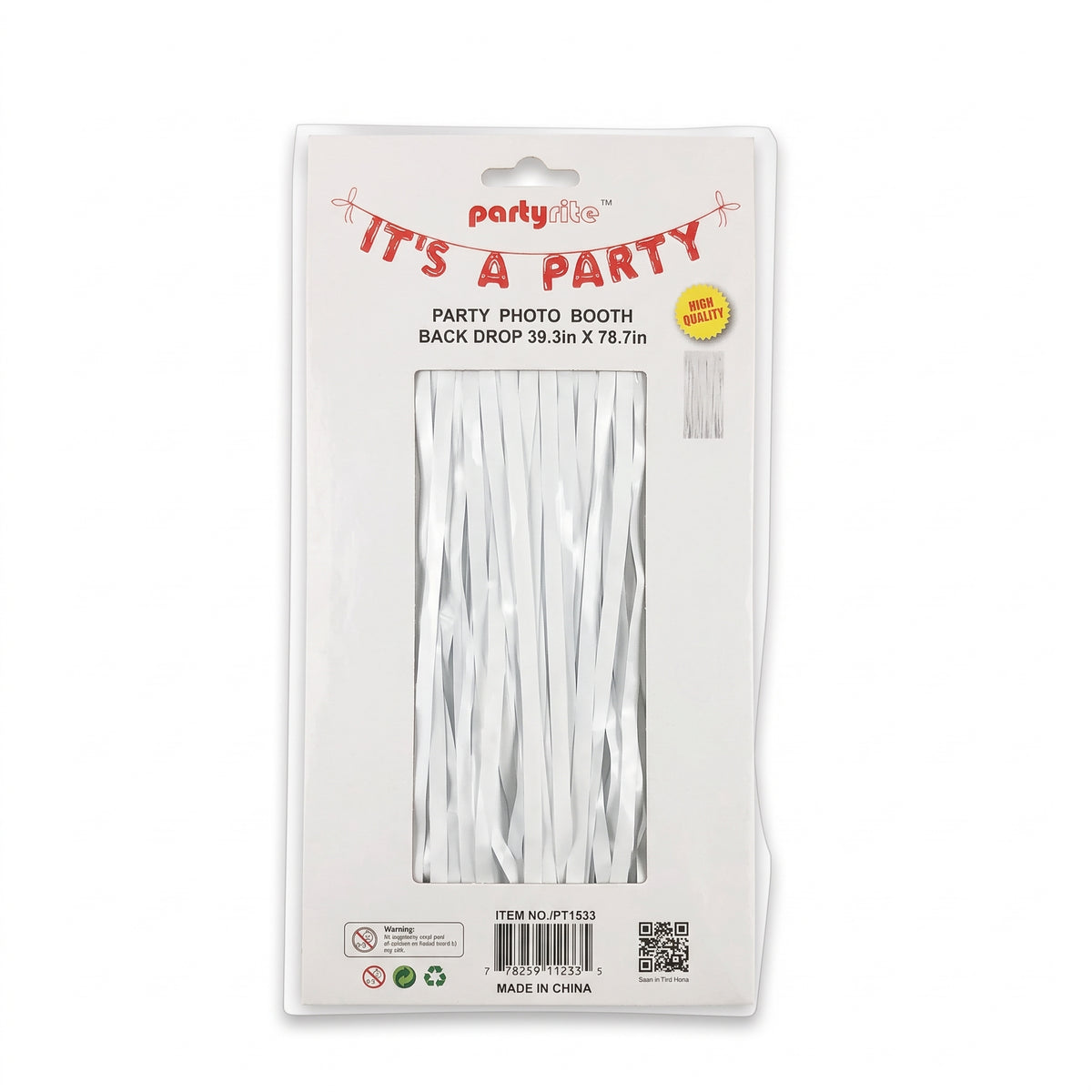 Party photo booth back drop made of white shiny tinsel strands, packaged in a clear plastic sleeve with a white header card that reads 'It's a Party' and shows dimensions 39.3in x 78.