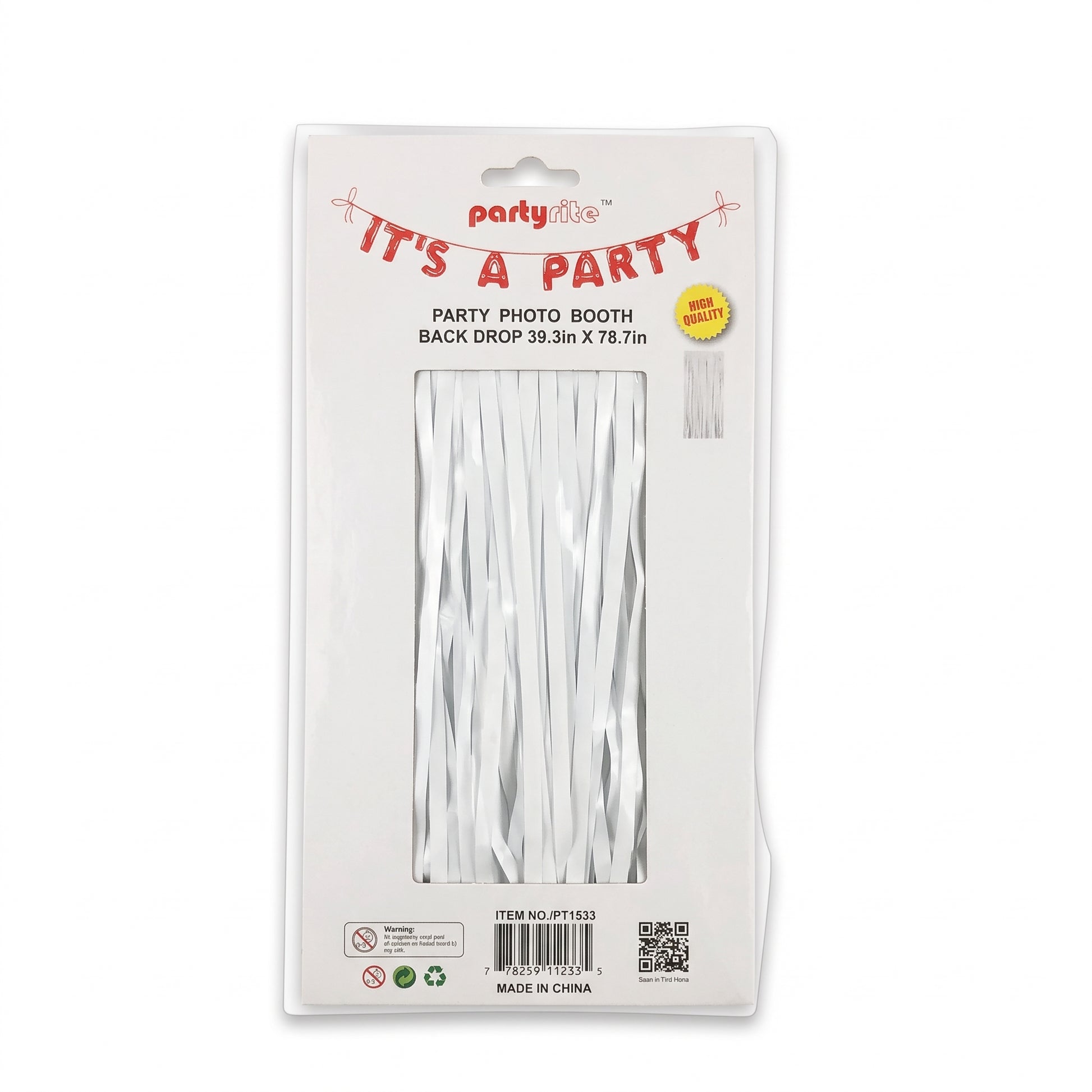 Party photo booth back drop made of white shiny tinsel strands, packaged in a clear plastic sleeve with a white header card that reads 'It's a Party' and shows dimensions 39.3in x 78.