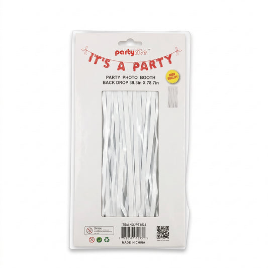 Party photo booth back drop made of white shiny tinsel strands, packaged in a clear plastic sleeve with a white header card that reads 'It's a Party' and shows dimensions 39.3in x 78.