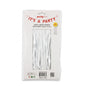 Party photo booth back drop made of white shiny tinsel strands, packaged in a clear plastic sleeve with a white header card that reads 'It's a Party' and shows dimensions 39.3in x 78.