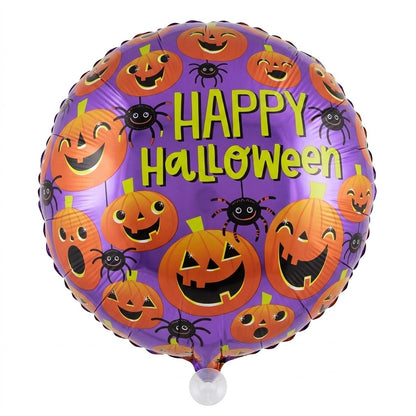 A round metallic foil balloon with a purple background and a repeating pattern of orange jack-o'-lanterns, black spiders, and the words 'HAPPY Halloween' in yellow-green lettering, shown on a white background.