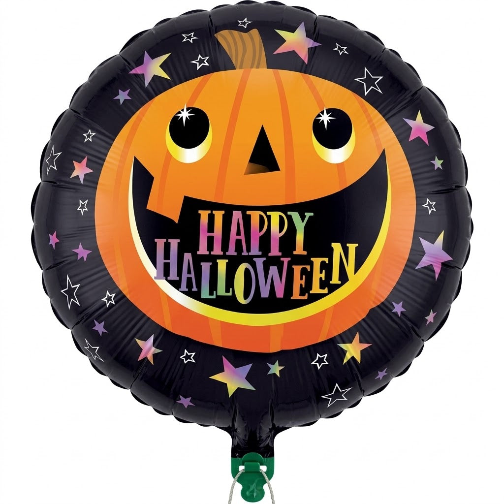 A round black foil balloon with a large orange jack-o'-lantern face, colorful 'Happy Halloween' text, and scattered star accents, shown on a plain white background.