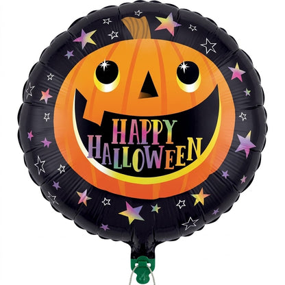 A round black foil balloon with a large orange jack-o'-lantern face, colorful 'Happy Halloween' text, and scattered star accents, shown on a plain white background.