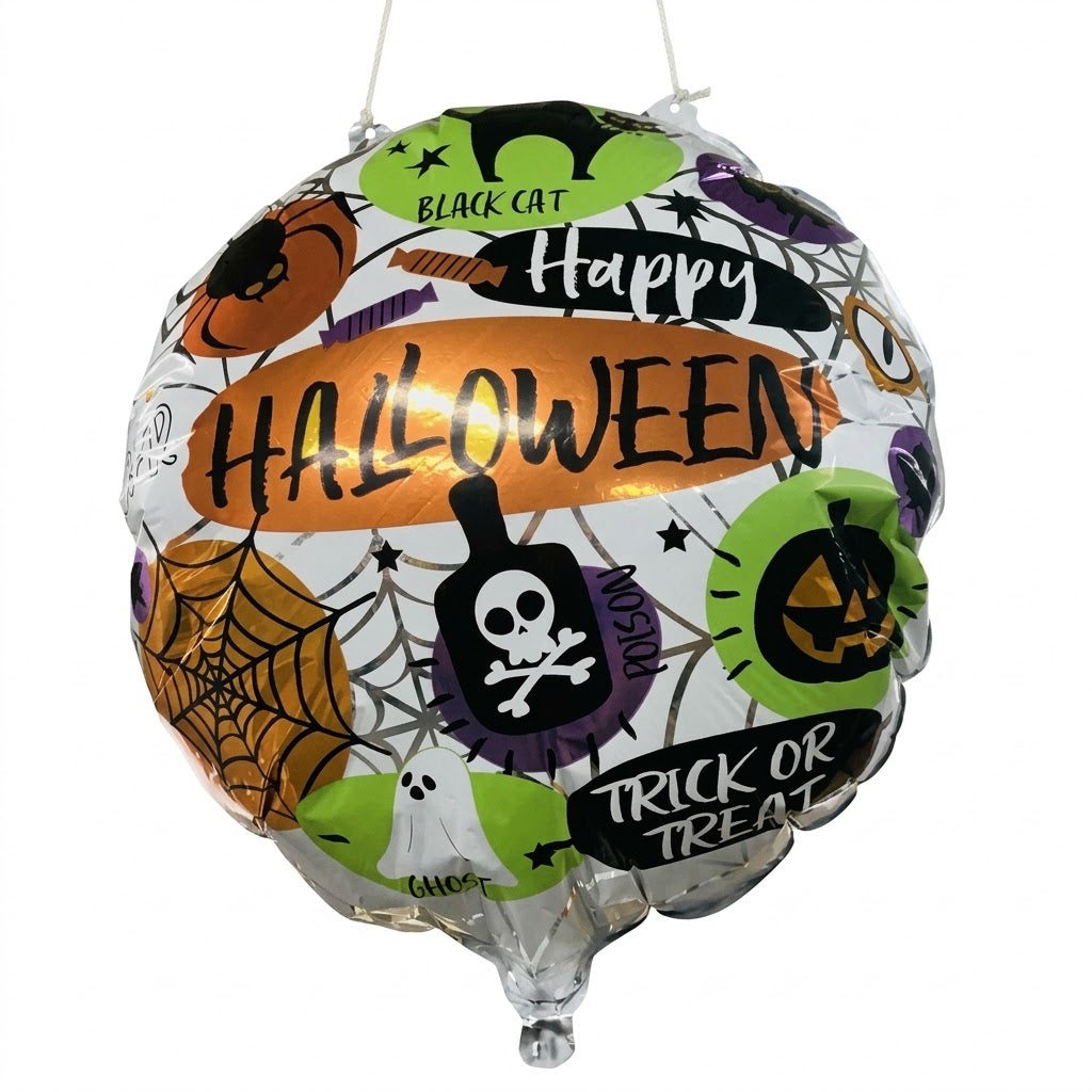 A round metallic foil balloon decorated with Halloween-themed graphics and text including 'Happy Halloween', 'Trick or Treat', 'Black Cat', and 'Cheer'.