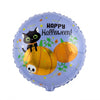 A round foil balloon with a light blue background featuring a black cat sitting on orange pumpkins, a small skull, and the text 'Happy Halloween!' in black lettering.