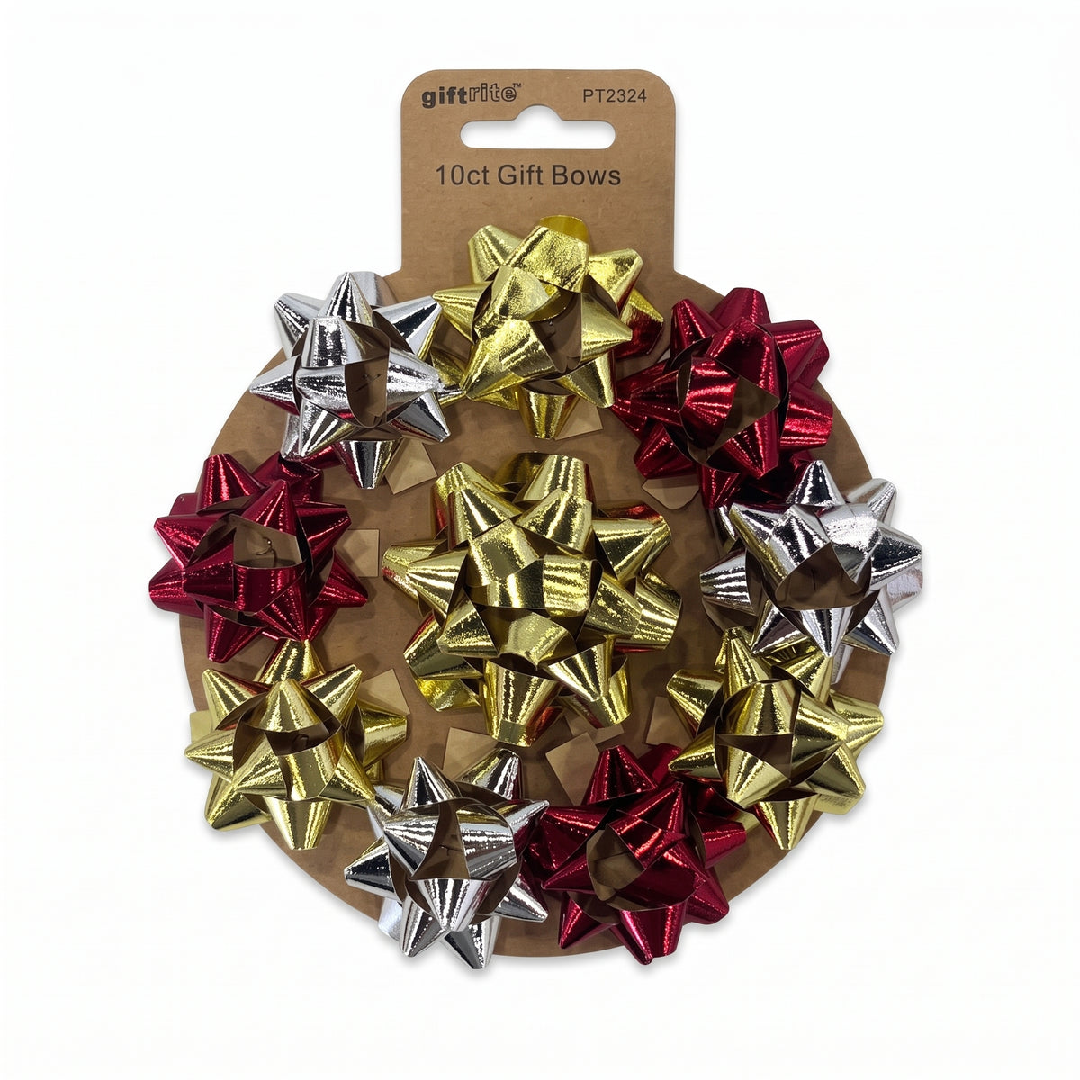 A 10-pack of metallic gift bows in red, gold, and silver, displayed on a brown cardboard backing with a hanger.