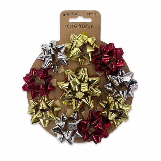 A 10-pack of metallic gift bows in red, gold, and silver, displayed on a brown cardboard backing with a hanger.