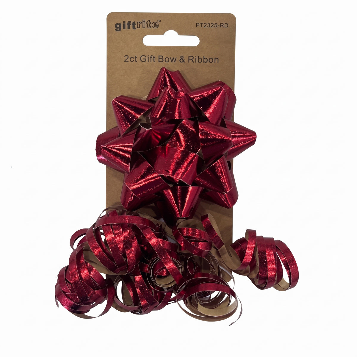 A metallic red gift bow and matching ribbon set in a brown cardboard package labeled giftrite, shown on a plain white background.