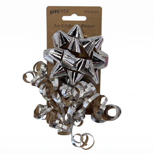A 2-count of metallic silver gift bow and ribbon set in a brown cardboard hanger package, shown against a plain white background.