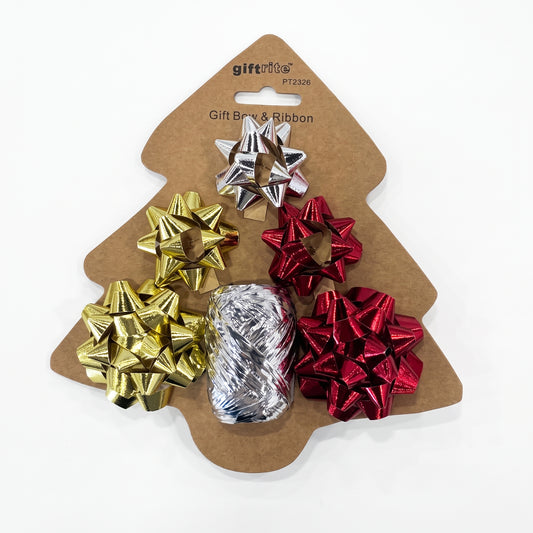 A set of five metallic gift bows in gold, silver, and red, packaged on a brown cardboard display card shaped like a Christmas tree, on a white background.