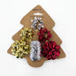 A set of five metallic gift bows in gold, silver, and red, packaged on a brown cardboard display card shaped like a Christmas tree, on a white background.