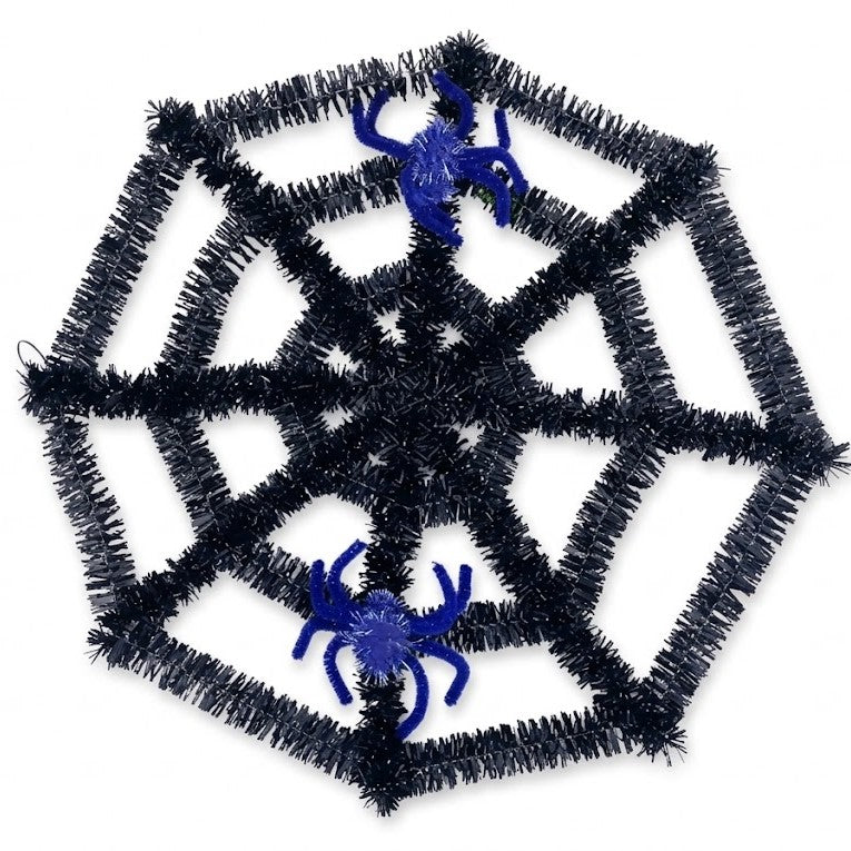 Halloween Tinsel Spider Web Wall Decoration (17" / 43cm) with Glitter Spiders | Wholesale