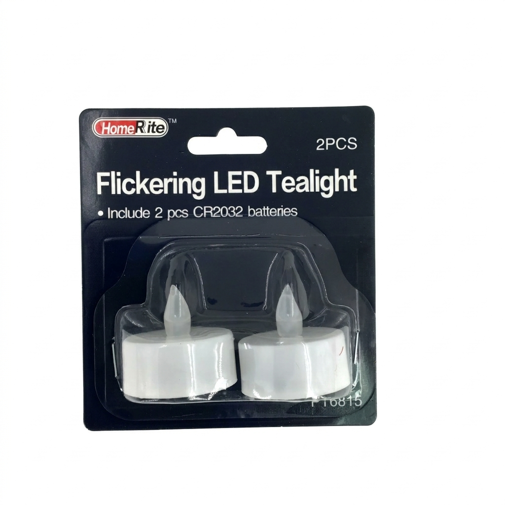 Pack of two flickering LED tealights with batteries included, brand 'Home Rite'.