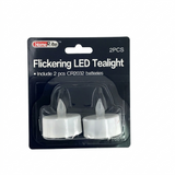 Pack of two flickering LED tealights with batteries included, brand 'Home Rite'.