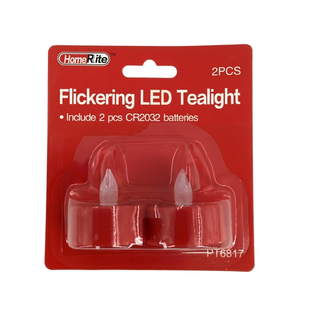 Packaged flickering LED tealight with batteries on a white background
