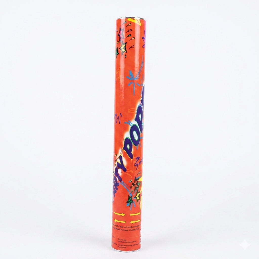 Red party popper with colorful designs on a white background