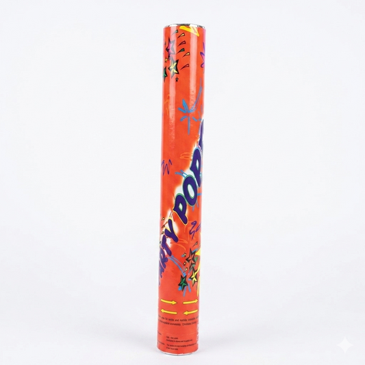 Red party popper with colorful designs on a white background