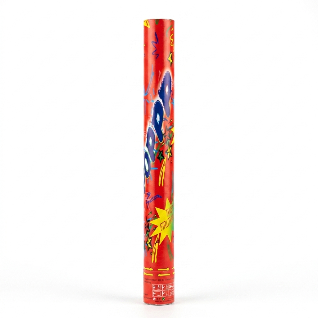 Red popper with colorful designs on a white background