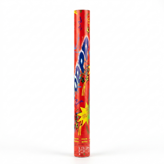 Red popper with colorful designs on a white background