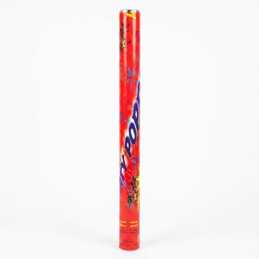 Red party popper with colorful designs on a white background