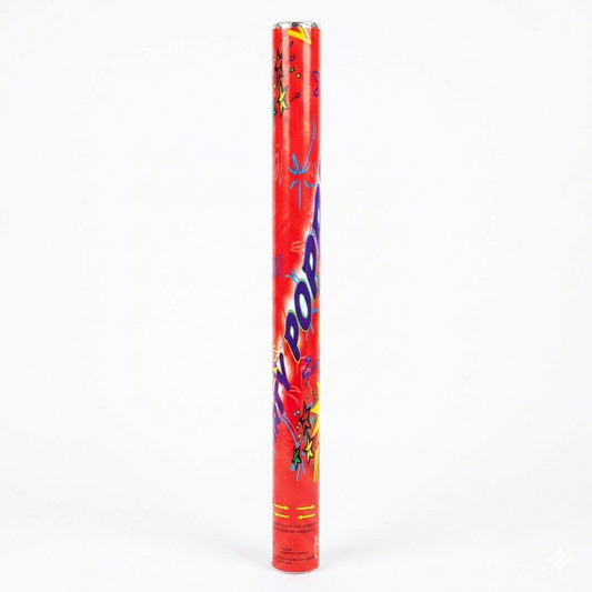 Red party popper with colorful designs on a white background