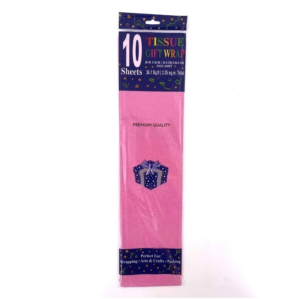 Pack of 10 pink tissue gift wrap sheets in a clear plastic package with a dark blue header card.