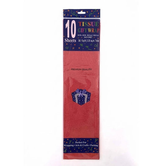 Pack of 10 red tissue gift wrap sheets in a tall plastic package with a blue header and footer, shown on a white background.