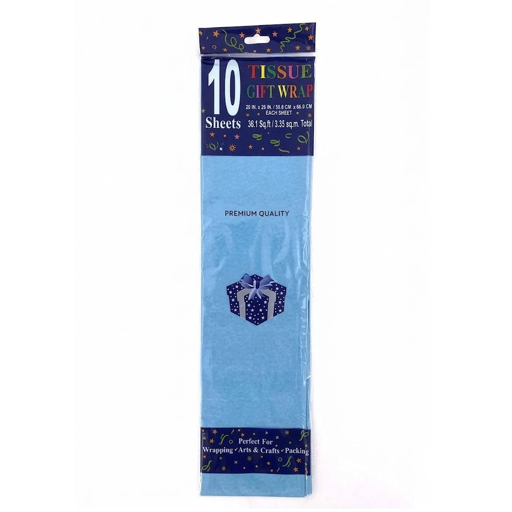 A package of 10 sheets of light blue tissue gift wrap with dark blue header and footer bands featuring festive confetti and a small gift box illustration.