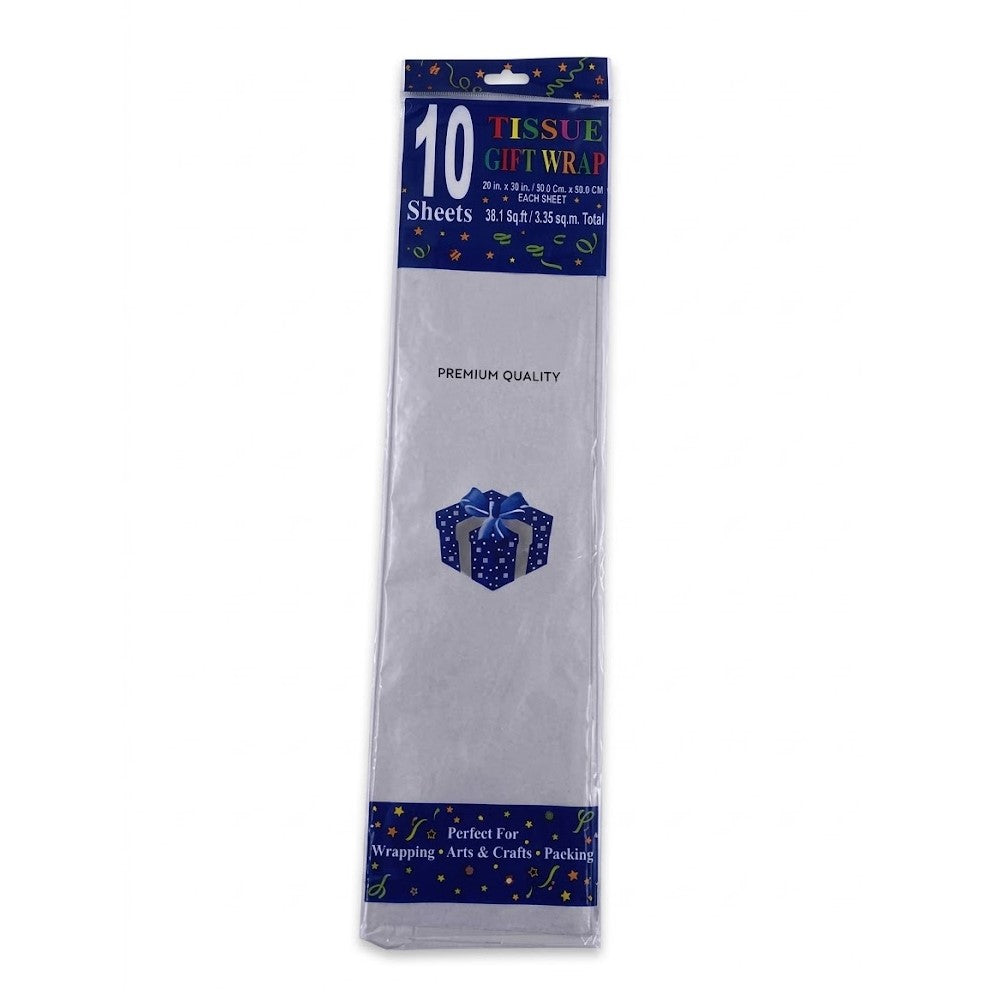 Pack of 10 tissue gift wrap sheets in a clear plastic sleeve with a blue header card. The tissue paper is white, and the packaging features a blue and white header with text and a small gift box illustration.