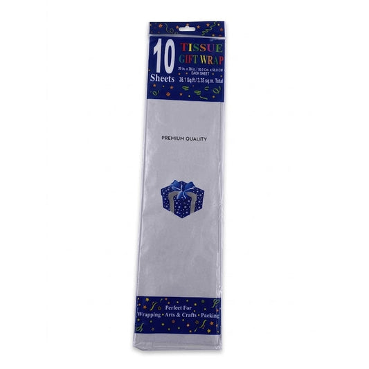 Pack of 10 tissue gift wrap sheets in a clear plastic sleeve with a blue header card. The tissue paper is white, and the packaging features a blue and white header with text and a small gift box illustration.