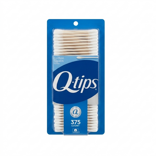 Q-tips cotton swabs packaging with blue background