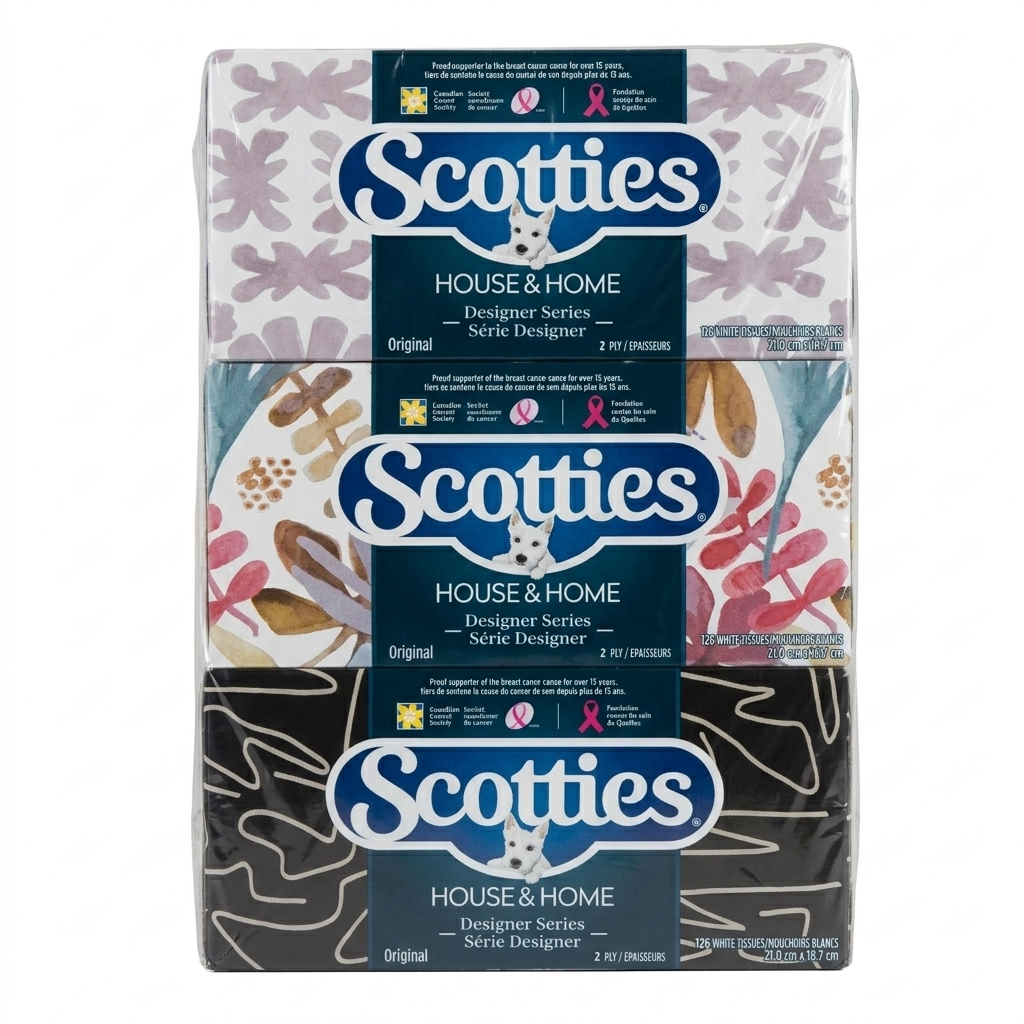 Scotties House & Home Designer Series tissue packaging with floral and abstract patterns.
