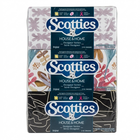 Scotties House & Home Designer Series tissue packaging with floral and abstract patterns.