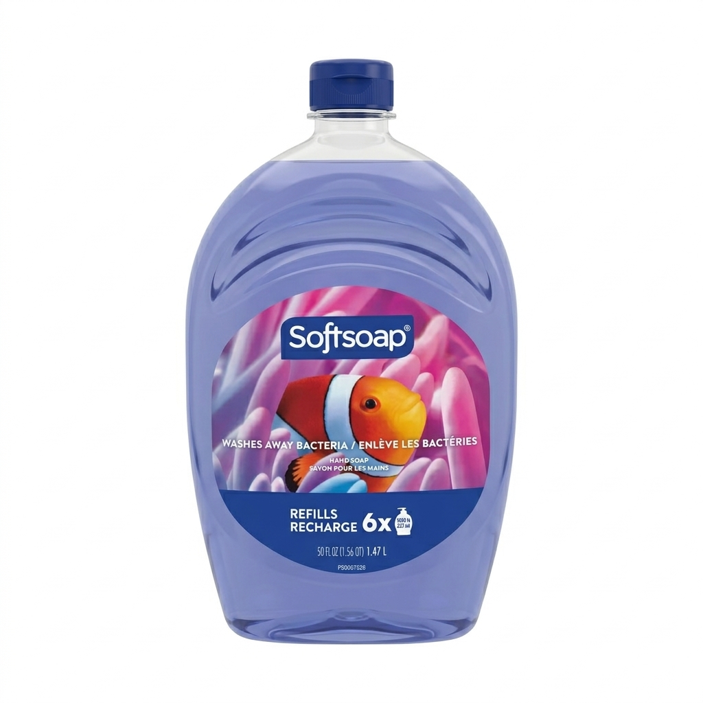 Softsoap hand soap bottle with fish illustration on a white background