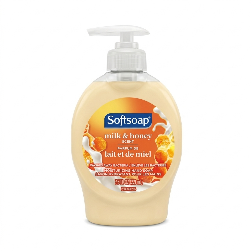 Softsoap milk & honey scented hand soap bottle on a white background