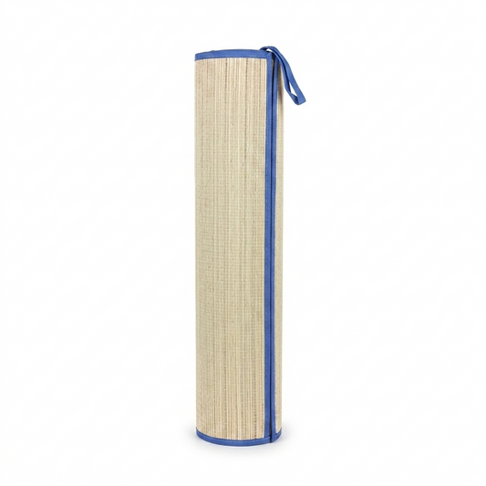 Roll-up mat with blue border on a white background